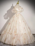 Champagne Floral Tulle Long Prom Dress, Beautiful Short Sleeve A-Line Evening Party Dress HZ1024
