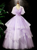 Fairy Purple Floral Floor Length Prom Dress, Beautiful V-Neck Party Birthday Dress HZ1024