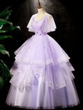 Fairy Purple Floral Floor Length Prom Dress, Beautiful V-Neck Party Birthday Dress HZ1024