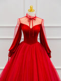 Red Velvet Tulle Floor Length Prom Dress, Beautiful Long Sleeve Evening Party Dress HZ1024