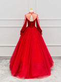 Red Velvet Tulle Floor Length Prom Dress, Beautiful Long Sleeve Evening Party Dress HZ1024