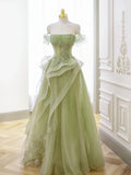 Green Tulle Long Floor Length Prom Dress, Beautiful A-Line Evening Party Dress with Lace HZ1024