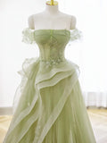 Green Tulle Long Floor Length Prom Dress, Beautiful A-Line Evening Party Dress with Lace HZ1024