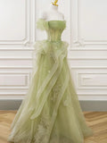 Green Tulle Long Floor Length Prom Dress, Beautiful A-Line Evening Party Dress with Lace HZ1024