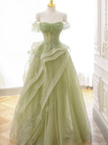 Green Tulle Long Floor Length Prom Dress, Beautiful A-Line Evening Party Dress with Lace HZ1024
