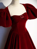 Burgundy Velvet Floor Length Prom Dress, Beautiful Open Back Evening Dress with Pearls HZ1024