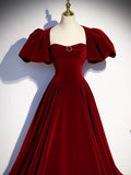 Burgundy Velvet Floor Length Prom Dress, Beautiful Open Back Evening Dress with Pearls HZ1024