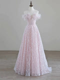 Sparkling Tulle Sequin Long Prom Dress, Off the Shoulder Pink Evening Party Dress HZ1024