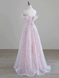Sparkling Tulle Sequin Long Prom Dress, Off the Shoulder Pink Evening Party Dress HZ1024