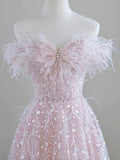 Sparkling Tulle Sequin Long Prom Dress, Off the Shoulder Pink Evening Party Dress HZ1024