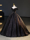 Black V-Neck Floor Length Formal Dress, A-Line Off the Shoulder Evening Party Dress HZ1024