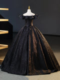 Black V-Neck Floor Length Formal Dress, A-Line Off the Shoulder Evening Party Dress HZ1024