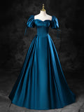 Blue Satin Off the Shoulder Floor Length Prom Dress, Blue A-Line Party Dress HZ1024