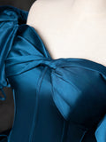 Blue Satin Off the Shoulder Floor Length Prom Dress, Blue A-Line Party Dress HZ1024