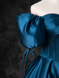Blue Satin Off the Shoulder Floor Length Prom Dress, Blue A-Line Party Dress HZ1024