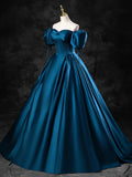 Blue Satin Off the Shoulder Floor Length Prom Dress, Blue A-Line Party Dress HZ1024