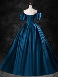 Blue Satin Off the Shoulder Floor Length Prom Dress, Blue A-Line Party Dress HZ1024
