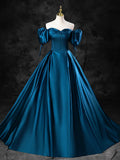 Blue Satin Off the Shoulder Floor Length Prom Dress, Blue A-Line Party Dress HZ1024