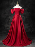 Burgundy Satin Off the Shoulder Formal Dress, A-Line Burgundy Evening Dress HZ1024