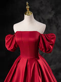 Burgundy Satin Off the Shoulder Formal Dress, A-Line Burgundy Evening Dress HZ1024