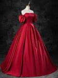 Burgundy Satin Off the Shoulder Formal Dress, A-Line Burgundy Evening Dress HZ1024