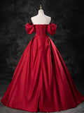 Burgundy Satin Off the Shoulder Formal Dress, A-Line Burgundy Evening Dress HZ1024