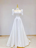 White Satin Short Sleeve Floor Length Prom Dress, White A-Line Party Dress HZ1024