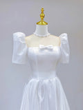 White Satin Short Sleeve Floor Length Prom Dress, White A-Line Party Dress HZ1024