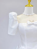 White Satin Short Sleeve Floor Length Prom Dress, White A-Line Party Dress HZ1024