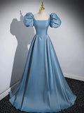 Blue Puff Sleeve Satin Floor Length Prom Dress, Blue A-Line Evening Party Dress HZ1024