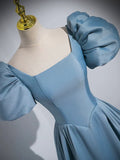 Blue Puff Sleeve Satin Floor Length Prom Dress, Blue A-Line Evening Party Dress HZ1024
