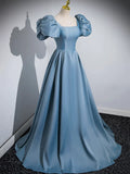 Blue Puff Sleeve Satin Floor Length Prom Dress, Blue A-Line Evening Party Dress HZ1024