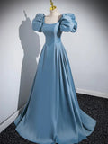 Blue Puff Sleeve Satin Floor Length Prom Dress, Blue A-Line Evening Party Dress HZ1024
