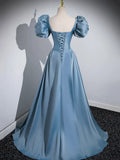 Blue Puff Sleeve Satin Floor Length Prom Dress, Blue A-Line Evening Party Dress HZ1024