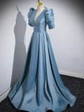 Blue Floor Length V-Neck Satin Prom Dress, Simple A-Line Evening Dress HZ1024