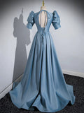 Blue Floor Length V-Neck Satin Prom Dress, Simple A-Line Evening Dress HZ1024