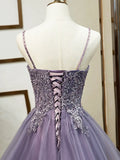 Purple Spaghetti Straps Lace Prom Dress, Lovely Tulle Corset Floor Length Evening Dress HZ1024