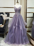 Purple Spaghetti Straps Lace Prom Dress, Lovely Tulle Corset Floor Length Evening Dress HZ1024