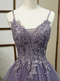 Purple Spaghetti Straps Lace Prom Dress, Lovely Tulle Corset Floor Length Evening Dress HZ1024