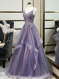 Purple Spaghetti Straps Lace Prom Dress, Lovely Tulle Corset Floor Length Evening Dress HZ1024