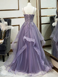 Purple Spaghetti Straps Lace Prom Dress, Lovely Tulle Corset Floor Length Evening Dress HZ1024