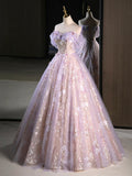 Purple A-Line Off the Shoulder Sequins Prom Dress, Lovely Tulle Corset Floor Length Evening Dress HZ1024