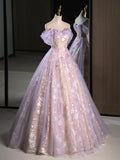 Purple A-Line Off the Shoulder Sequins Prom Dress, Lovely Tulle Corset Floor Length Evening Dress HZ1024