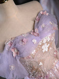 Purple A-Line Off the Shoulder Sequins Prom Dress, Lovely Tulle Corset Floor Length Evening Dress HZ1024