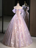 Purple A-Line Off the Shoulder Sequins Prom Dress, Lovely Tulle Corset Floor Length Evening Dress HZ1024