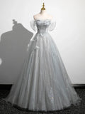 A-Line Off the Shoulder Sparkly Prom Dress, Gray Tulle Corset Floor Length Evening Dress HZ1024