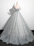 A-Line Off the Shoulder Sparkly Prom Dress, Gray Tulle Corset Floor Length Evening Dress HZ1024