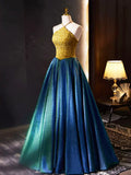 Retro Halter Neck Long Prom Dress, Elegant A-Line Evening Party Dress HZ1024