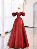 Burgundy Satin Polka Dot Tulle Prom Dress, Lovely Floor Length Short Sleeve Evening Dress HZ1024
