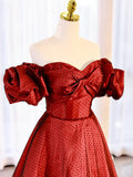 Burgundy Satin Polka Dot Tulle Prom Dress, Lovely Floor Length Short Sleeve Evening Dress HZ1024